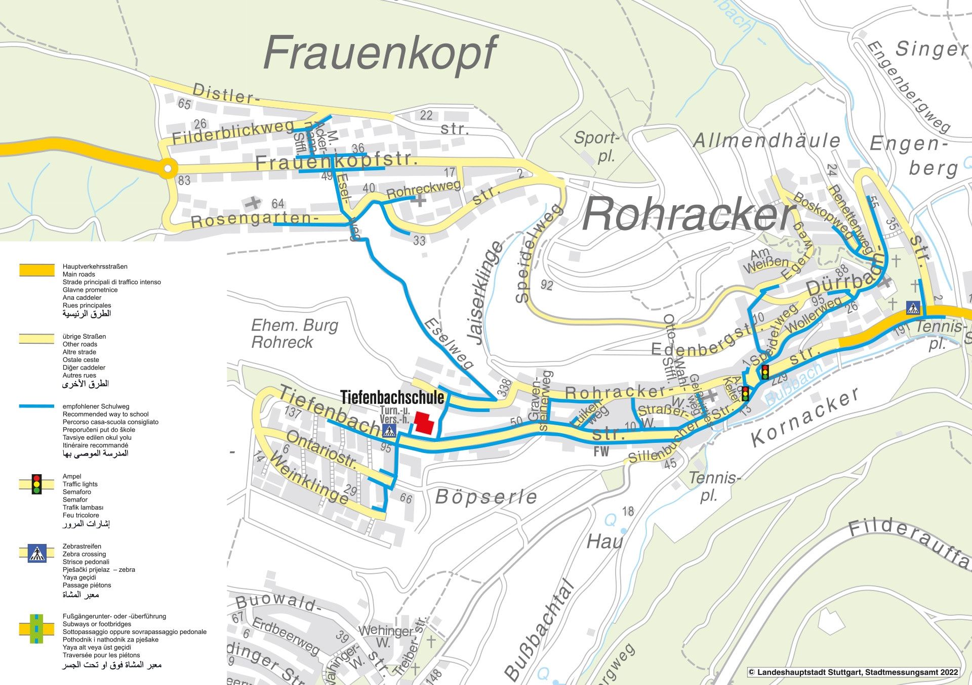 Schulwegplan zur Tiefenbachschule in Stuttgart Rohracker